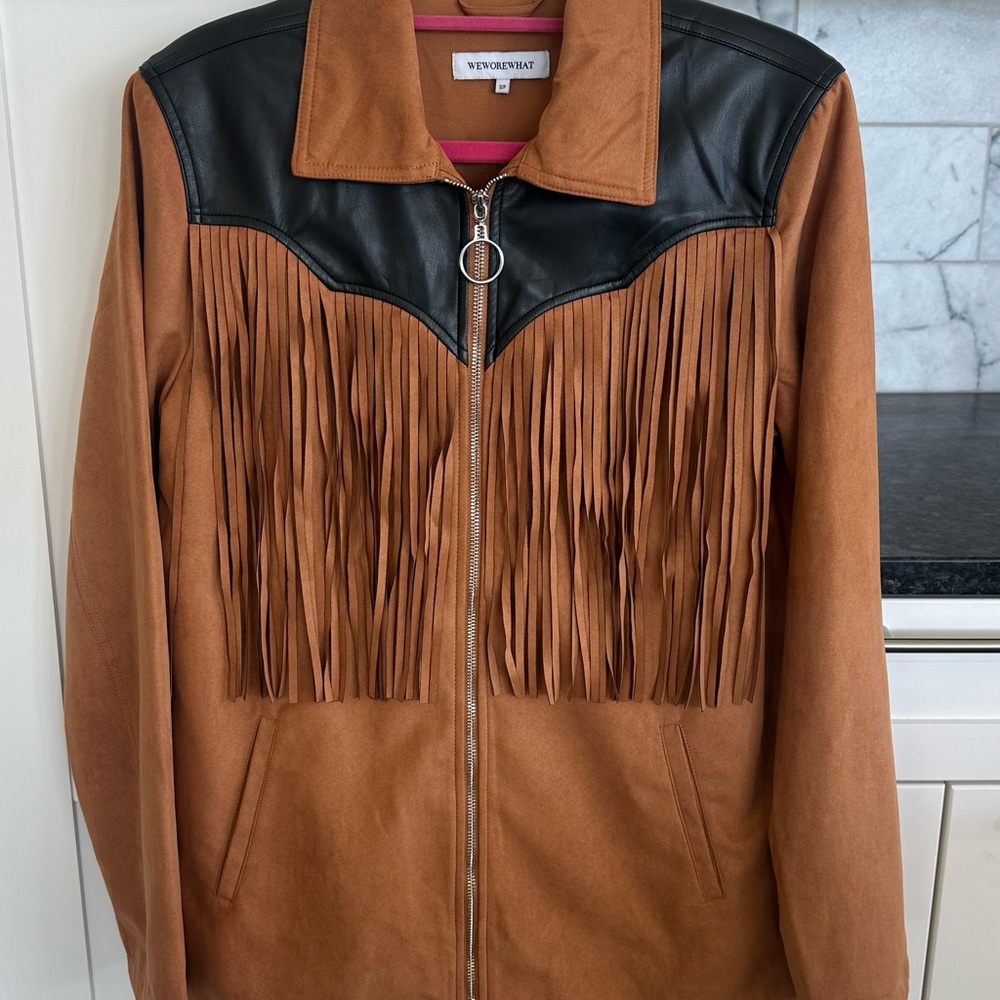 WeWoreWhat Tan and Black Fringe Leather Jacket